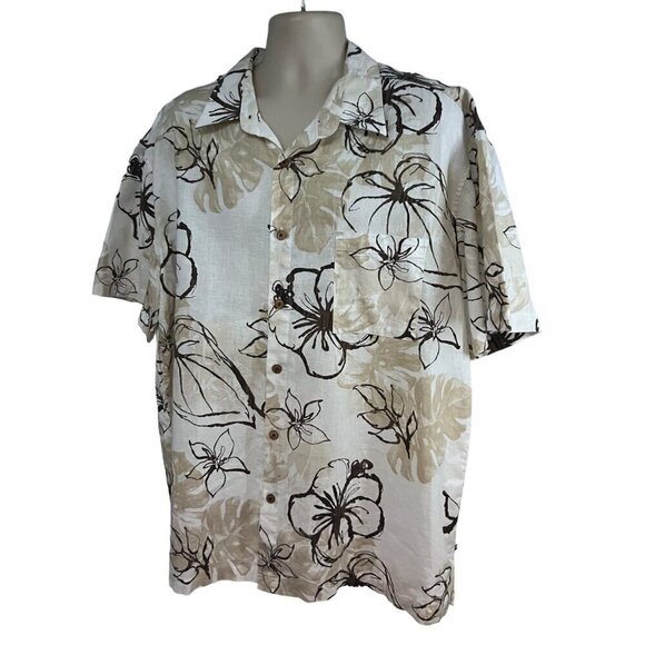 Mens Vintage Hawaiian Floral Beige Brown Linen Button Up Camp Shirt 2XL Pocket - Picture 1 of 7